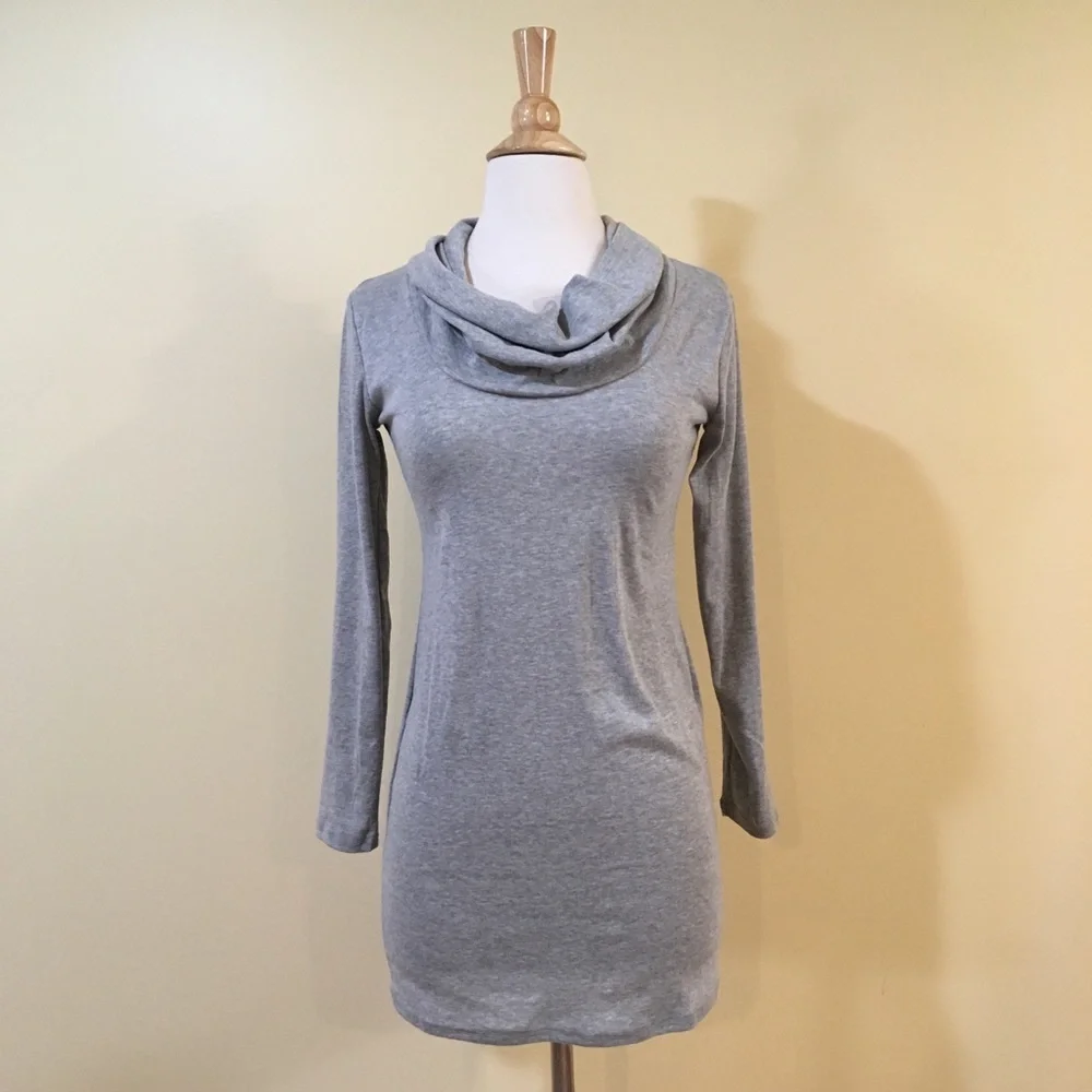 Cowl Neck Long Sleeve Soft Knit Pencil Dress Grey - Picture 3 of 5